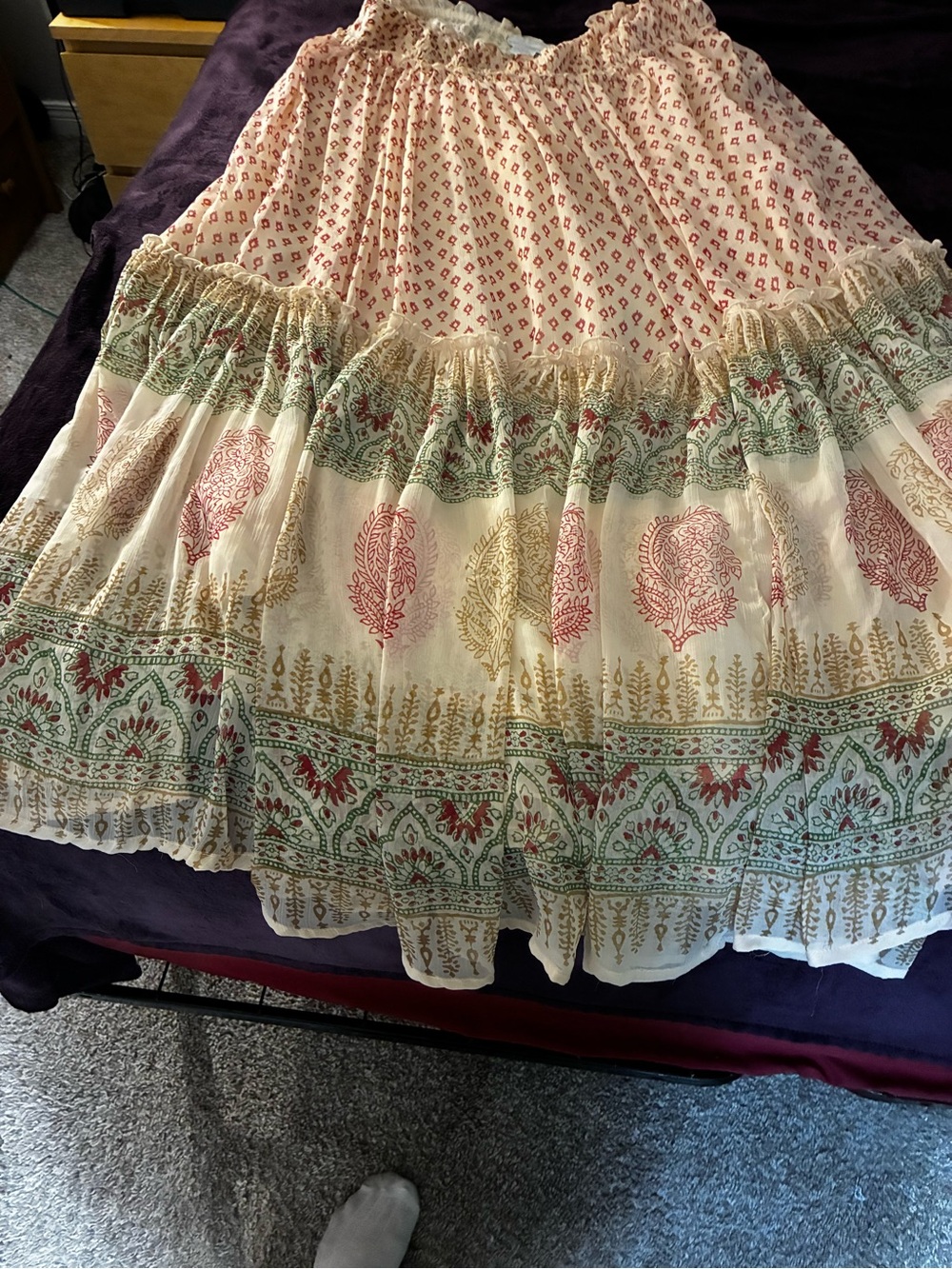 Soft Surroundings Cream Maxi Skirt with Red & Green Print